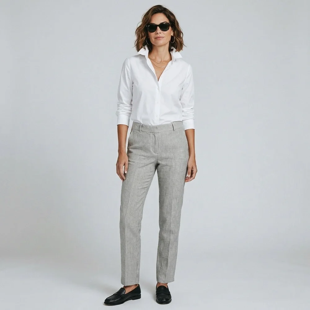 Banana Republic Linen Grey Stripe Martin Fit Trouser pant chic coastal Old Money